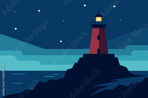 isolated lighthouse on rocky coast with stars appe.svg