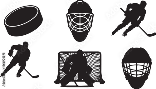Photography Black and white hockey icons depicting puck player goalie and equipment silhouet
