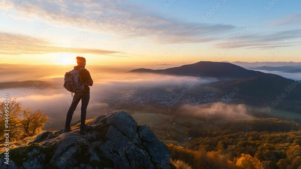 Hiker on mountaintop at sunrise, overlooking misty valley and town Hiker on mountaintop at sunrise, overlooking misty valley and town