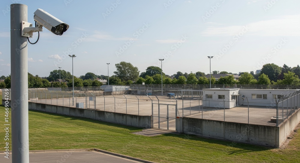 Obraz premium Prison Yard Security Camera View - A security camera overlooks a prison exercise yard, showcasing the facility's security measures. The yard is enclosed by a high fence