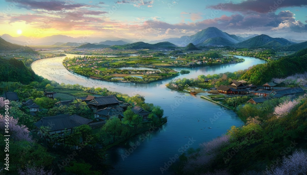 Naklejka premium Breathtaking Japanese Landscape Captured from Above