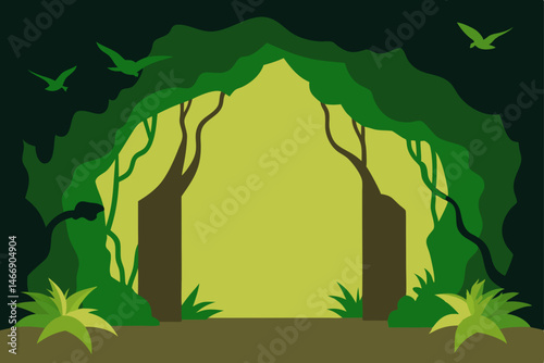 jungle cave entrance with vines draping and birds .svg