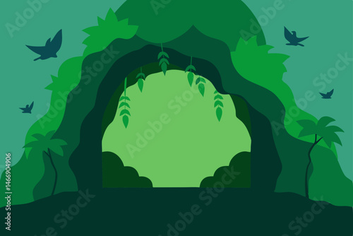 jungle cave entrance with vines draping and birds