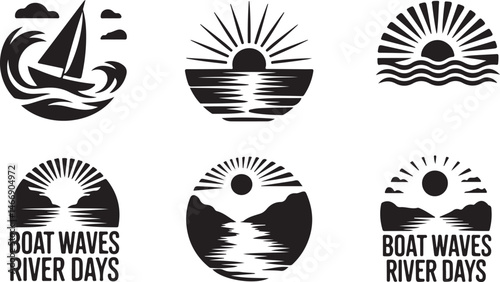 Collection of black and white circle logos depicting sailing sunsets and serene river landscapes