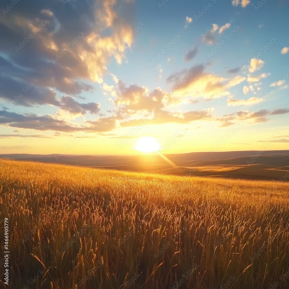 Obraz premium Golden wheat field at sunset with dramatic clouds and sky landscape in Palouse Washington state scenic view