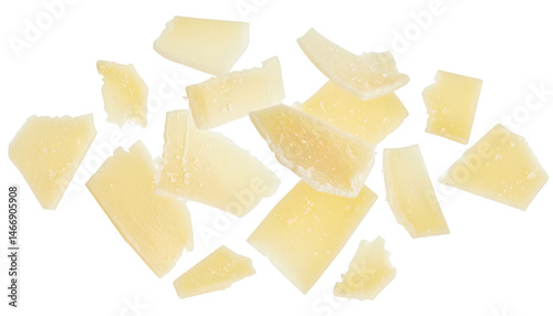 Parmesan flakes falling on transparent background