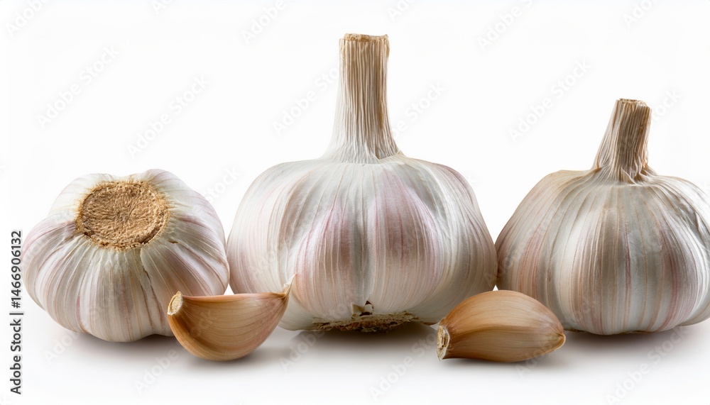 Three whole garlic bulbs and two garlic cloves are displayed on a white background.