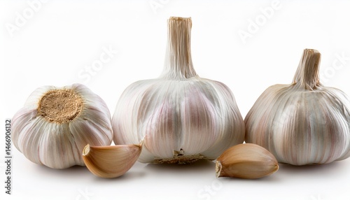 Obraz na płótnie Three whole garlic bulbs and two garlic cloves are displayed on a white background. w salonie