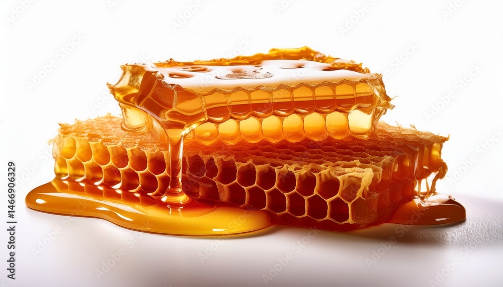 Golden honeycomb dripping with fresh honey on a white background.