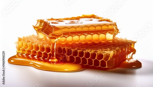 Golden honeycomb dripping with fresh honey on a white background.