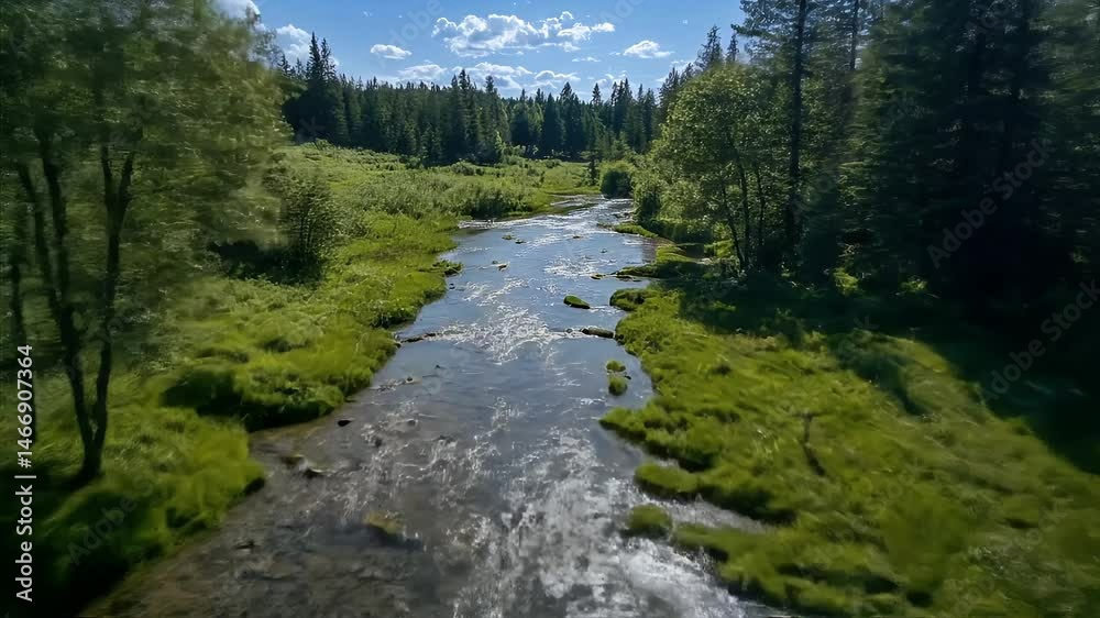 Shallow River Flowing Through Green Meadow With Forest Backdrop Under Bright Sky During Summer Day Shallow River Flowing Through Green Meadow With Forest Backdrop Under Bright Sky During Summer Day
