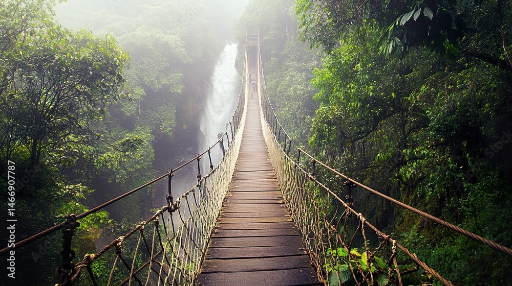 Fototapeta premium A weathered rope bridge stretching across a mist-filled jungle gorge, with a roaring waterfall disappearing into the dense greenery below.