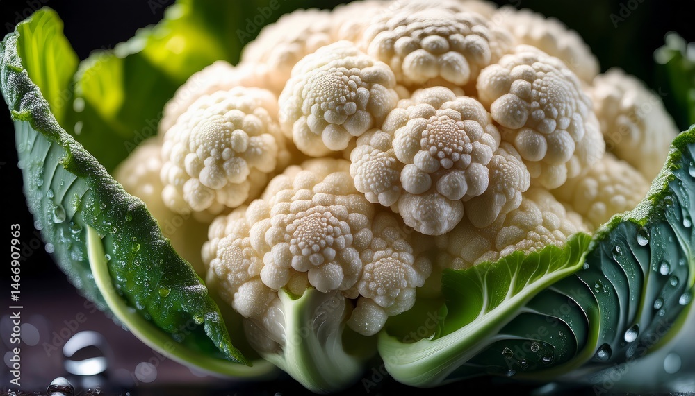 Fresh cauliflower with dew drops nestled in green leaves, showcasing its natural texture and vibrant colors.