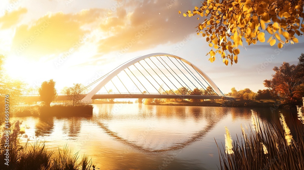 Naklejka premium A wide, clear river framed by a white arch bridge with stylish cable supports, illuminated by golden sunlight against a vivid sky. 