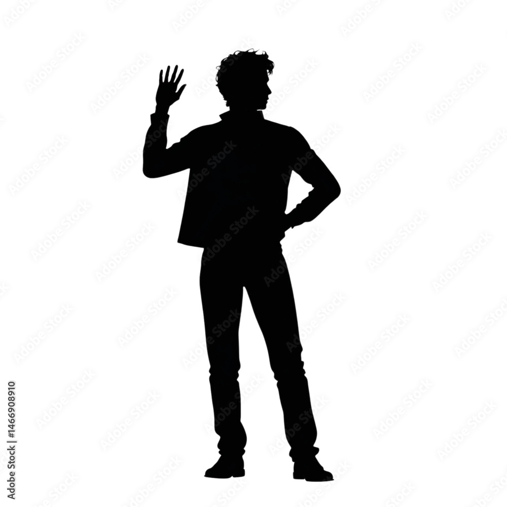 Silhouette of a man waving with curly hair and wearing a jacket posing Silhouette of a man waving with curly hair and wearing a jacket posing