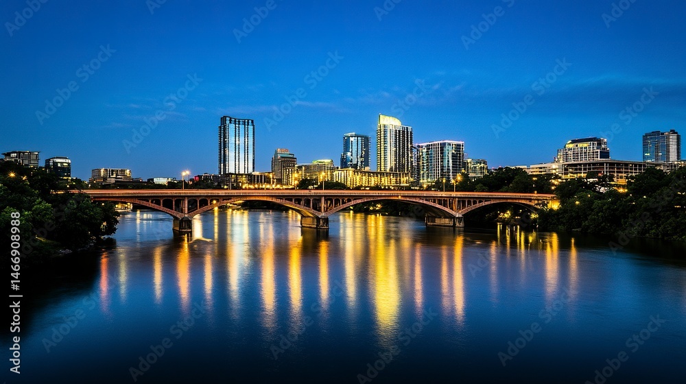 Naklejka premium A wide-angle view of a bridge crossing a shimmering river, the vibrant city skyline glowing in the distance. 