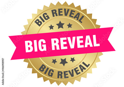 big reveal. big reveal round pink and gold label isolated on transparent background