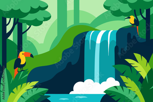 lush rainforest waterfall with toucans perched 