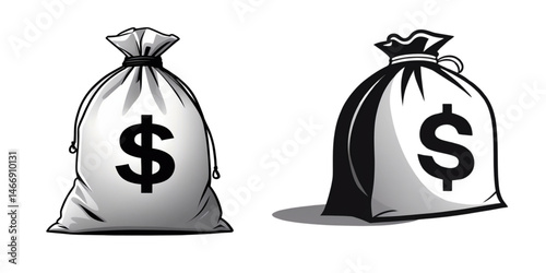 Two money bags with dollar signs in black and white illustration art