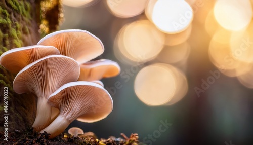 Cluster of mushrooms growing on mossy wood with sunlight bokeh in the background.