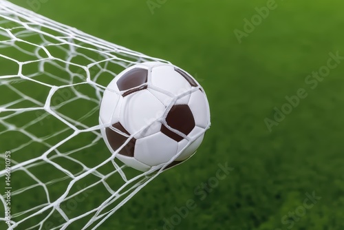 Soccer ball flying into goal net in mid-air, victory moment, sports action, dynamic motion, competitive game, outdoor stadium, athletic success, team celebration, match highlight, decisive strike.