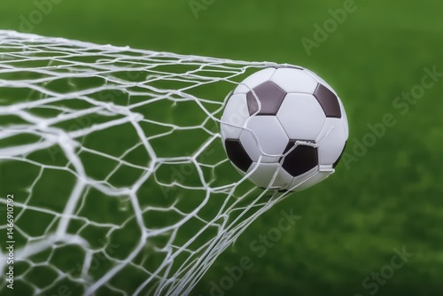 Soccer ball flying into goal net in mid-air, victory moment, sports action, dynamic motion, competitive game, outdoor stadium, athletic success, team celebration, match highlight, decisive strike.