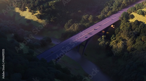 Wallpaper Mural Aerial view of a motorway bridge illuminated by the last light of dusk, threading through a valley of forests and verdant hills. Subtle shadows.   Torontodigital.ca