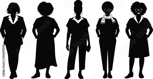 Diverse silhouettes of five stylish women in various outfits standing together on white background