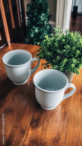 Two light blue mugs on a wooden table next to a small potted green plant in a home setting eye level shot