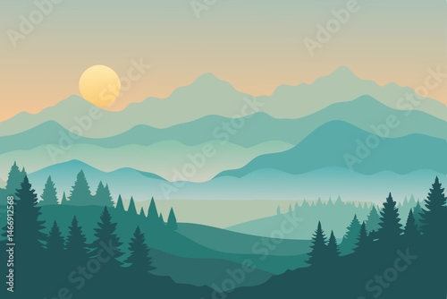 mist rolling over pine covered hills at sunrise 