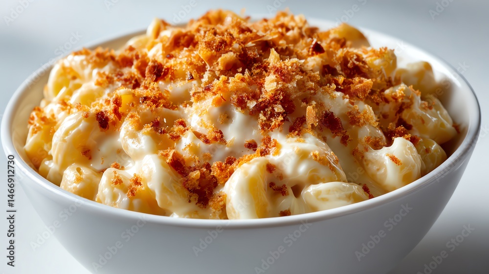 Delicious creamy mac and cheese in a white bowl with crispy breadcrumbs. A cozy, comforting food shot on a white background. Perfect for food lovers. Delicious creamy mac and cheese in a white bowl with crispy breadcrumbs. A cozy, comforting food shot on a white background. Perfect for food lovers.
