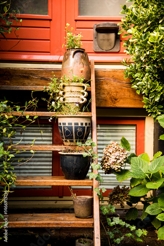 Cozy entrance with potted plants and garden stairs
