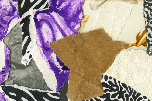 Abstract artistic collage background. Layered composition of torn paper, fabric scraps, vibrant purple paint, and bold monochrome patterns. Textured modern design.