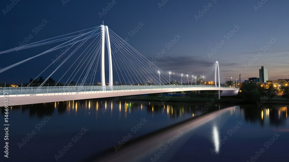 Naklejka premium An elegant suspension bridge illuminated at dusk, the tranquil water beneath reflecting its lights and the serene city skyline beyond. 
