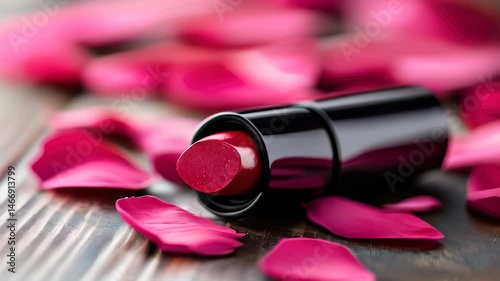 Red lipstick and rose petals on a wooden table.