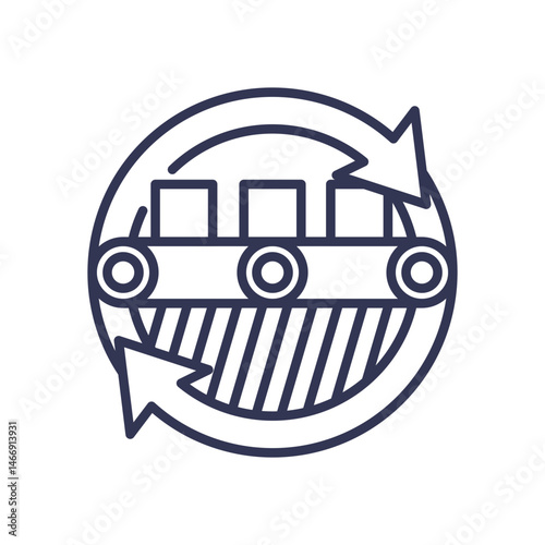 Conveyor belt with arrows symbolizes continuous operation and efficiency.