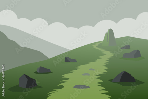 misty highland trail with mossy stones and distant 