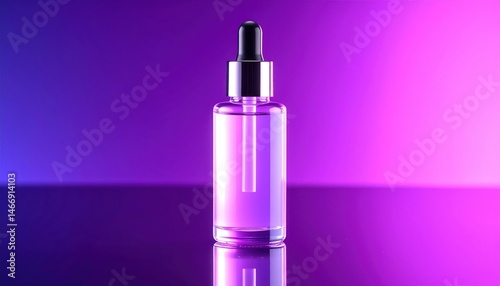 Serum Bottle with Dropper and Pink Liquid on Purple Gradient Background