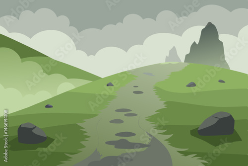misty highland trail with mossy stones and distant.svg