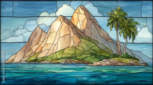Tropical island with towering mountains.  A vibrant stained glass depiction of a lush island with dramatic peaks and a calm ocean