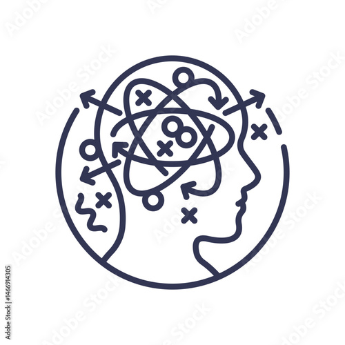 A head silhouette with chaotic lines and arrows symbolizes mental overwhelm and confusion.