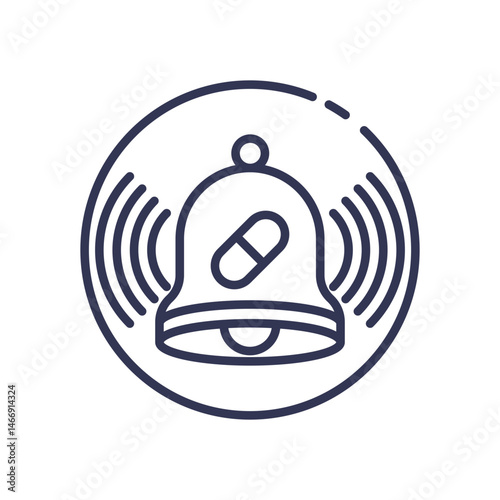 A bell with a pill icon symbolizes medication reminders and alerts.