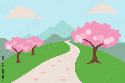 misty hill path lined with blooming cherry blossom.svg