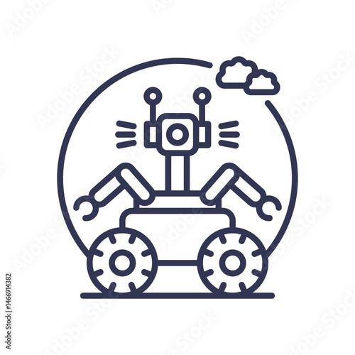 Line art of a robotic rover with wheels and antennae, symbolizing exploration and advanced navigation.