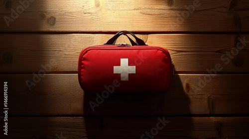 Red first aid kit hanging on wooden wall