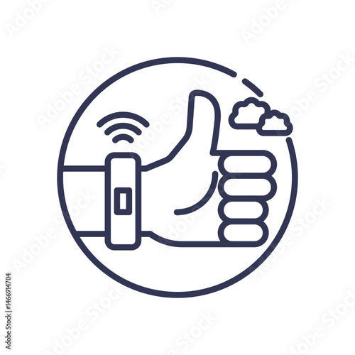 Thumbs up with smartwatch and cloud, symbolizing remote tracking and connectivity.