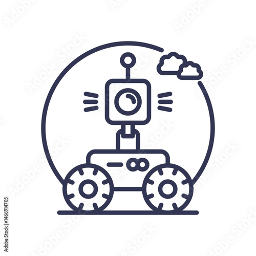 Line art of a robotic rover with camera, symbolizing exploration and remote sensing.