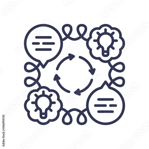 Circular arrows, speech bubbles, and light bulbs symbolize idea exchange and iterative processes.