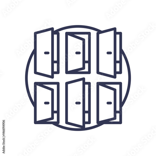 Multiple open doors in a circle symbolize choices and uncertain opportunities.