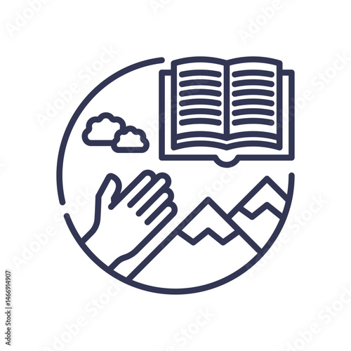 A hand reaching for a book above mountains and clouds, symbolizing the pursuit of unreachable knowledge. photo
